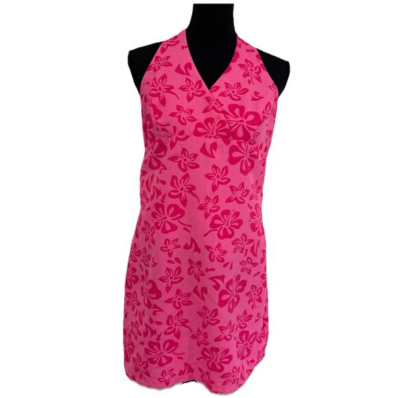 Vintage Y2K PInk Halter Floral Print Mini Dress Sz Large Juniors 11/13 Hibiscus - Picture 1 of 10